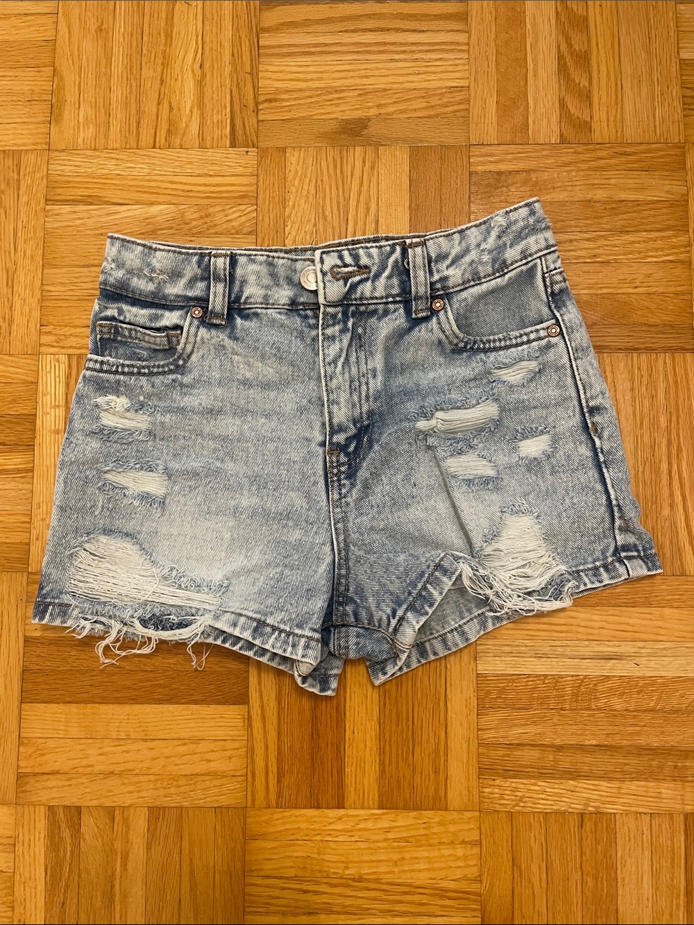 High-Rise Distressed Women’s Denim Shorts - Light Blue